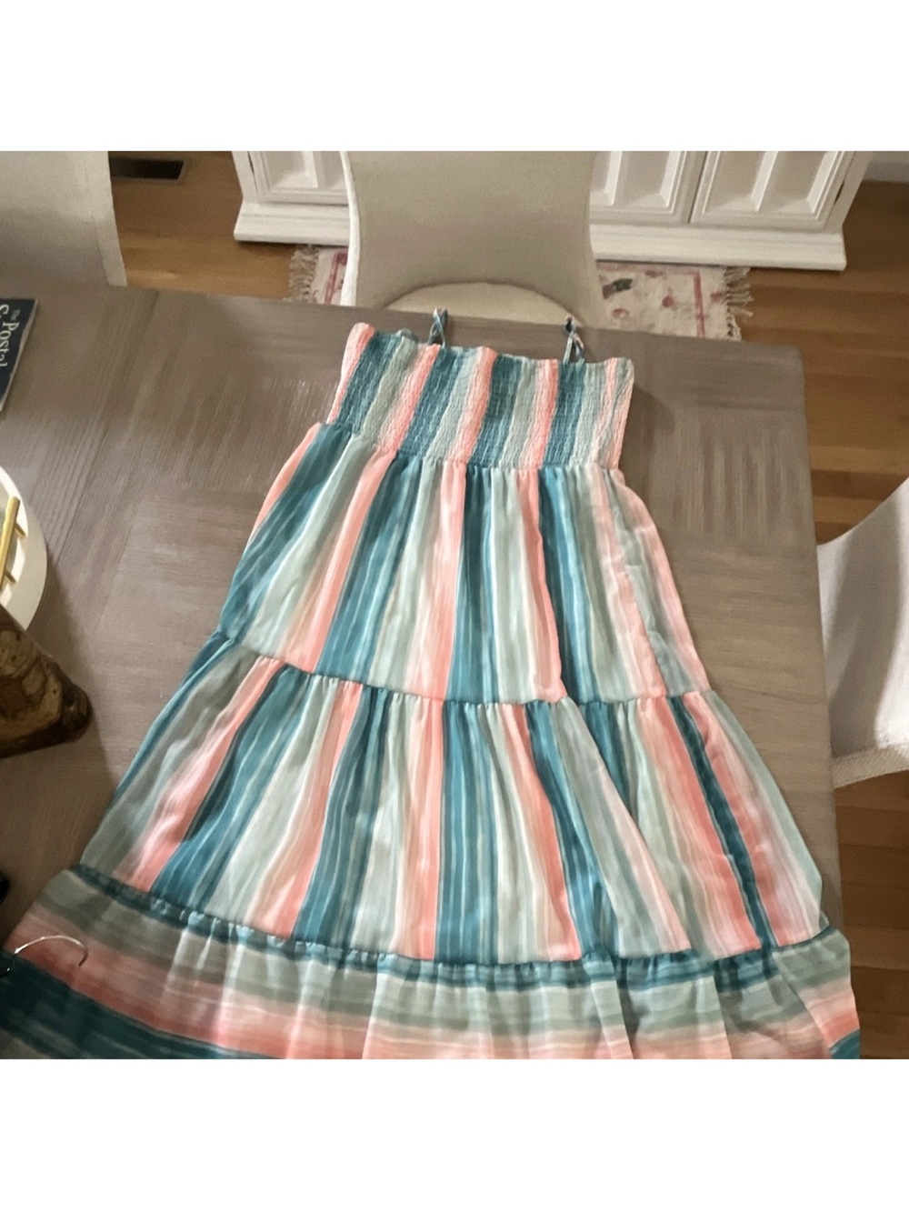 Striped Smocked Maxi Dress in Teal, Coral & Ivory